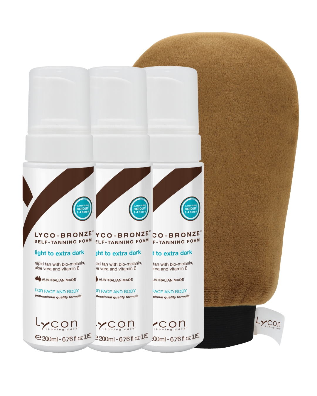 3X LYCO-BRONZE SELF-TANNING FOAM 200ML + FREE APPLICATION MITT